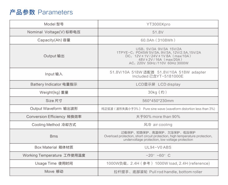 世豹拉箱式戶外電源YT3000Xpro參數(shù)